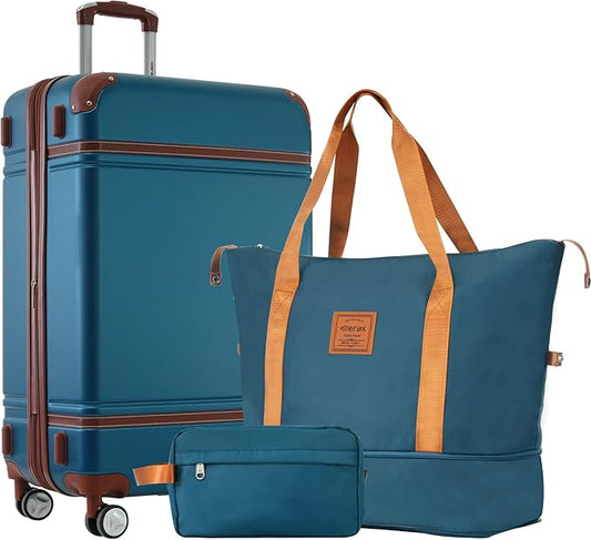 Merax 24 Inch Checked Luggage, Expandable Suitcase with Spinner Wheels, Hard Shell Vintage Luggage Set with TSA Lock(Blue)