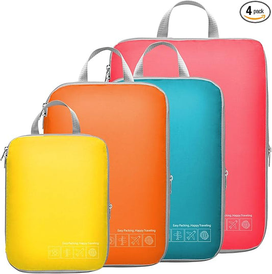Cambond Compression Packing Cubes for Travel - 4 Piece Expandable Luggage Packing Organizers Bags Set, Lightweight Compression Cubes for Travel Essentials Carry on Suitcases, Multi-color