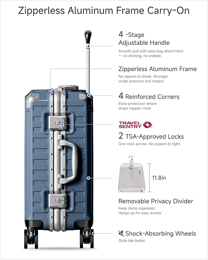 Carry On Luggage with Spinner Wheels, 8010S Aluminum Frame Zipperless Polycarbonate Hard Shell Suitcase (ZX-Core, Blue, 20 Inch)