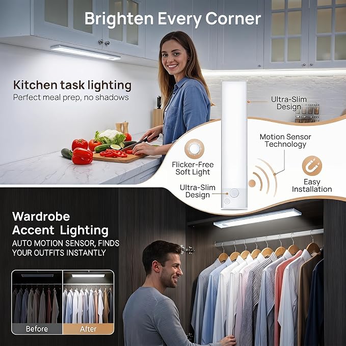 Under Cabinet Motion Sensor Lighting: 8 Inch Dimmable Rechargeable Lights Indoor - Battery Operated Lights - Undercabinet Closet Light Magnetic Led Light for Kitchen Home Bathroom Counter 4 Pack