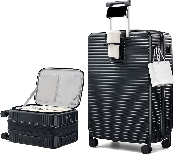 Hard Shell Expandable Luggage Sets 2 Piece with Spinner Wheels Cup Holder, Top Opening Lightweight Luggage Rolling Suitcase with Lock, Carry On And Checked Luggage Set 2 Piece (Black, 20/28)