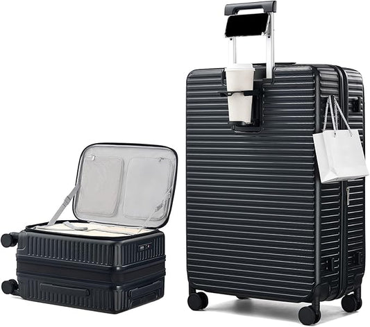 Hard Shell Expandable Luggage Sets 2 Piece with Spinner Wheels Cup Holder, Top Opening Lightweight Luggage Rolling Suitcase with Lock, Carry On And Checked Luggage Set 2 Piece (Black, 20/28)
