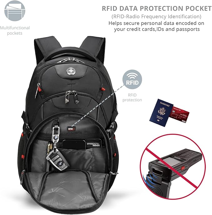Swissdigital Design Travel Backpack for Men with Apple Find My, Laptop Backpack with USB Charging Port, RFID Protection, Add-A-Bag System - Travel Backpack for Men-Finder Color Random | SD803BT013-01