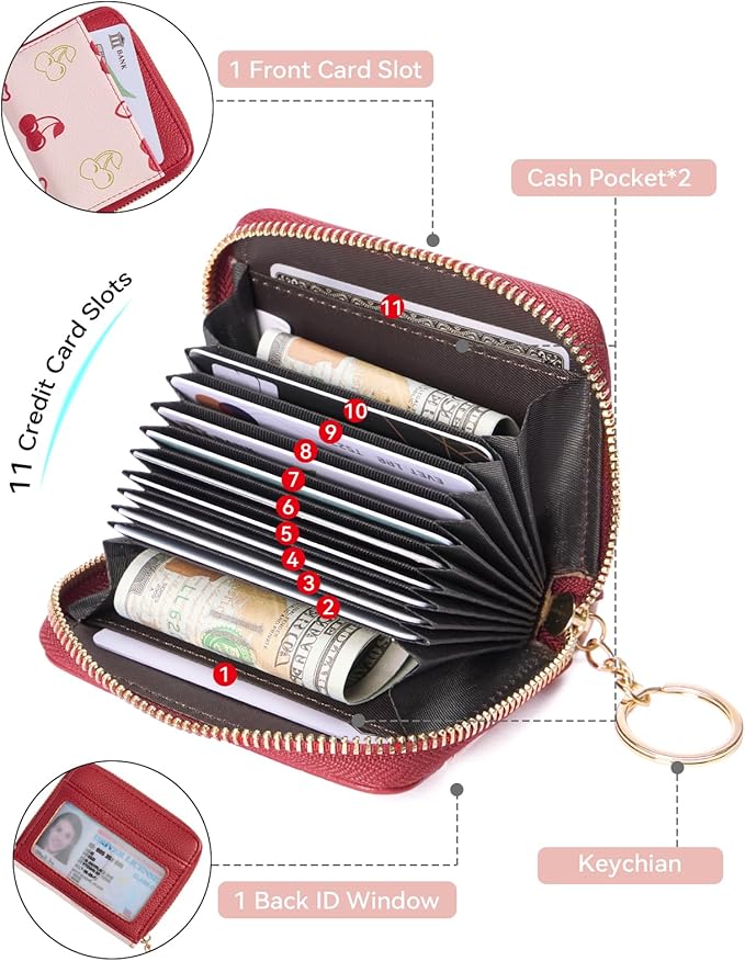 BOSTANTEN Credit Card Holder Wallet RFID Blocking Leather Small Wallet for Women Zipper Keychain Wallet with Wristlet Cherry Print