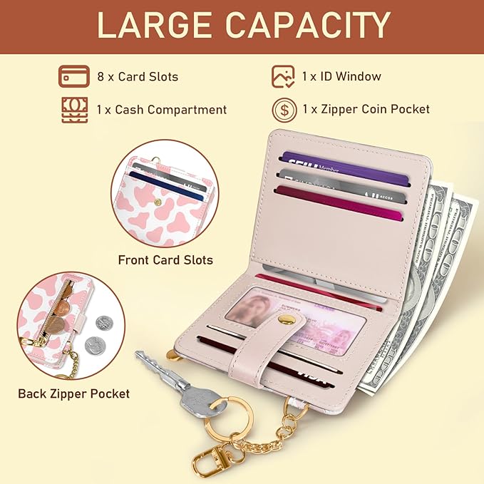 Jogjam Pink Cow Print Rfid Women Wallet, Small Slim Thin Credit Card Wallet, PU Leather Bifold Cash Zipper Coin Pocket ID Window for Female Ladies Teen Girls Girly