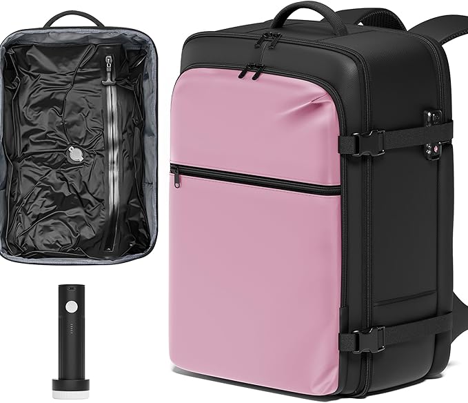 SUOCO Travel Vacuum Backpack with Portable Electric Pump, 45L Carry On Compression Seal Travel Backpack with Vacuum System, Traveling Packing Luggage Suitcase, Pink