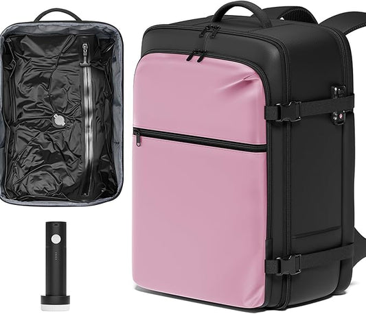 SUOCO Travel Vacuum Backpack with Portable Electric Pump, 45L Carry On Compression Seal Travel Backpack with Vacuum System, Traveling Packing Luggage Suitcase, Pink