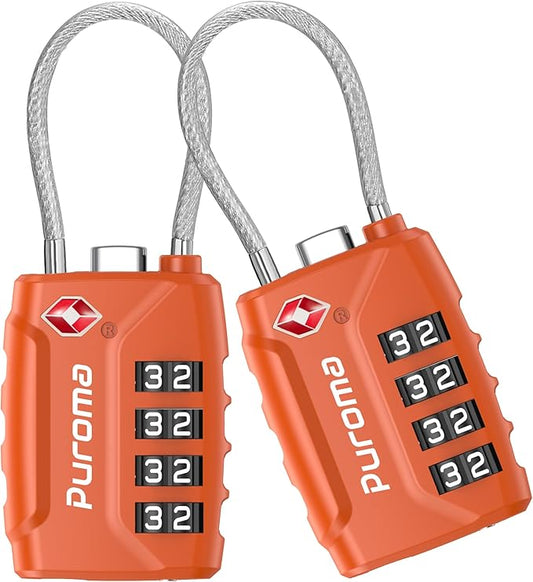 Puroma 2 Pack TSA Approved Luggage Locks, 4 Digit Combination Travel Cable Locks Resettable Code Lock with Zinc Alloy Body for Suitcase, Toolbox, Backpack, Bag, Gym Locker (Basic Robust Orange)