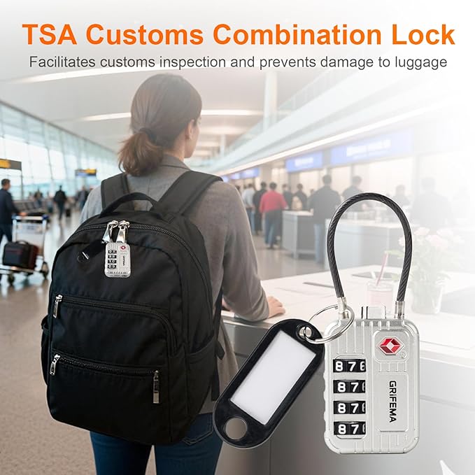 GRIFEMA GA1008W TSA Approved 4-Digit Combination Luggage Lock, Secure Travel Lock with Steel Cable for Suitcases, Backpacks, Gym Lockers - White