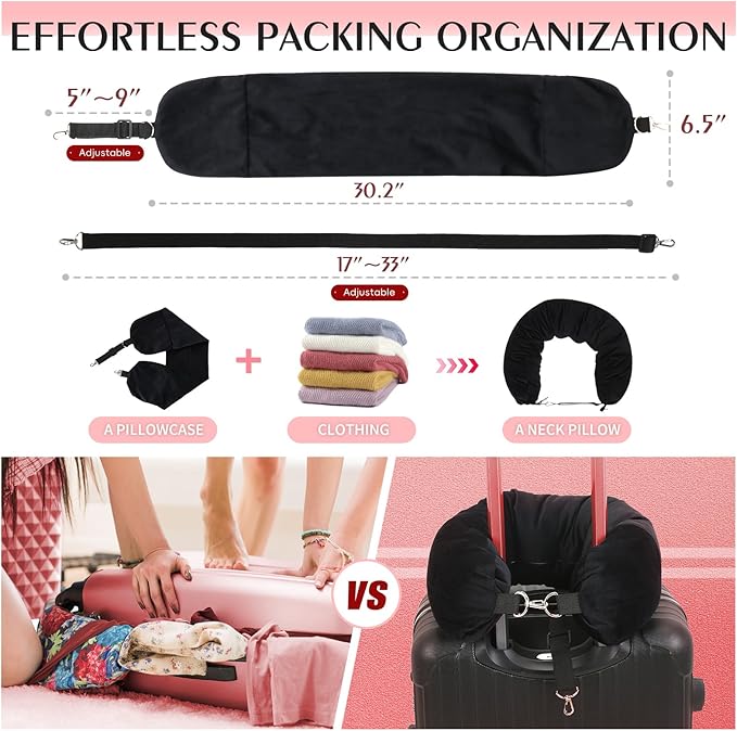 Stuffable Travel Pillow, Stuffable Neck Pillow for Travel, Neck Pillow Stuffed with Clothes Storage - No Extra Baggage Fees, Fits 5+ Days of Travel Essentials, No Filler (Black)