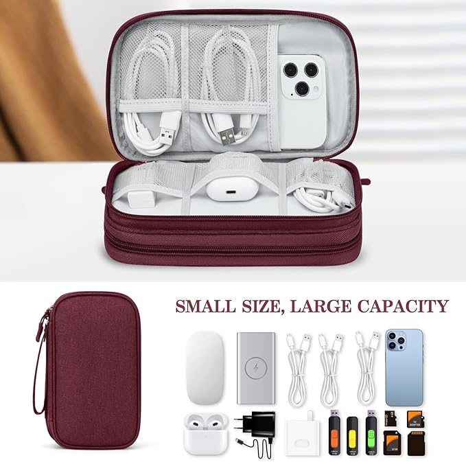 FYY Electronic Organizer, Travel Cable Organizer Bag Pouch Electronic Accessories Carry Case Portable Waterproof Double Layers Storage Bag for Cable, Charger, Phone, Earphone, Medium Size, Wine Red