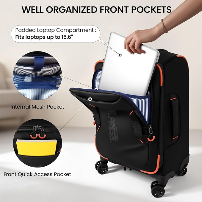 22" Luggage, Softside Suitcase w/Double Spinner Wheels, Waterproof,Lightweight Rolling Suitcases for Men/Women（Black,22in）
