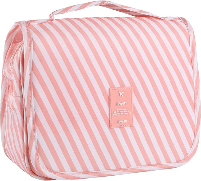 Pengxiaomei Hanging Toiletry Bag, Pink Striped Waterproof Cosmetic Bag Portable Makeup Pouch Wash Bag with Handle for Kids Teen Girls Tea Party Mothers Day Gifts Travel Cruise Essentials