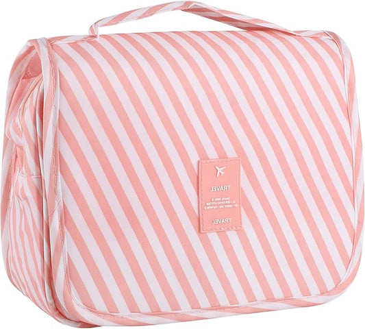 Pengxiaomei Hanging Toiletry Bag, Pink Striped Waterproof Cosmetic Bag Portable Makeup Pouch Wash Bag with Handle for Kids Teen Girls Tea Party Mothers Day Gifts Travel Cruise Essentials