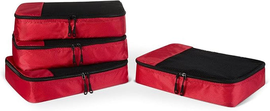 Amazon Essentials 4-Piece Packing Cubes Travel Accessories Set, Luggage Organizer with Double Zipper, Mesh Top, Space-Saving, Medium, Red (Previously Amazon Basics)