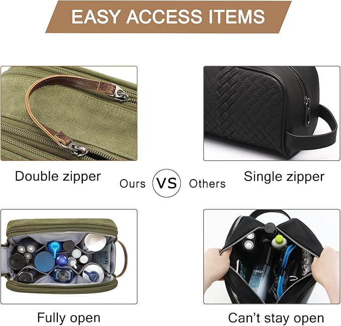 BAGSMART Toiletry Bag for Men, Canvas Travel Toiletry Organizer Dopp Kit Water-resistant Shaving Bag for Toiletries Accessories,Green-Large