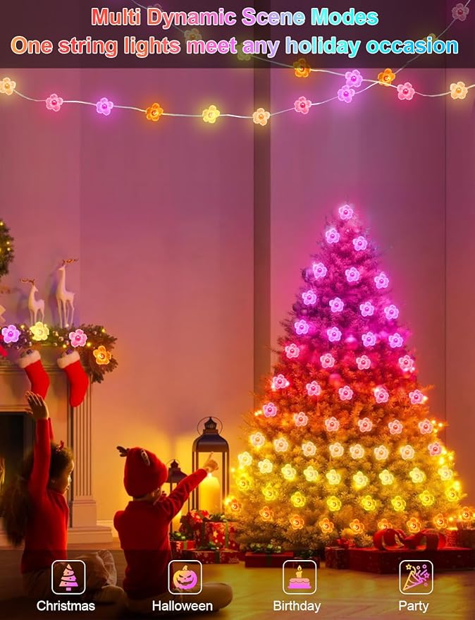 Cherry Blossom Flower String Lights Color Chaning Fairy Lights APP Control | 33Ft 66LED, 16 Million Colors, Remote, Music Sync, Timer, Twinkle Lights for Classroom Dorm Christmas Gift Decor, USB Plug
