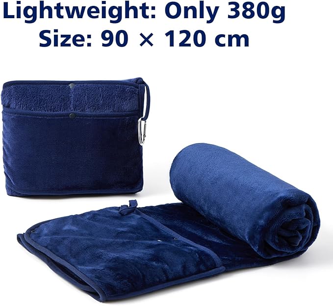 Travel Blanket with Carry Bag, Lightweight Wearable Airplane Blanket, Soft Packable Throw for Travel & Office Navy Blue