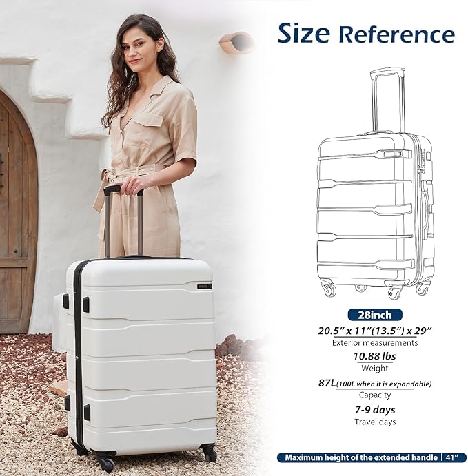 Coolife Expandable Large Checked Luggage Hardside PC+ABS Suitcase with TSA Lock, Lightweight Rolling Carry On with Spinner Wheels(White, 28in)