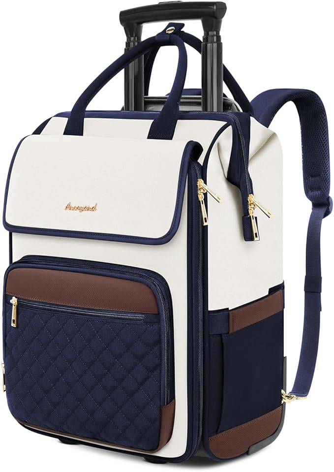 Rolling Backpack for Women, Travel Rolling Laptop Backpack with Wheels, Vertical & Horizontal Storage 2 In 1, Flip-Top Design, Water-Resistant Overnight College Underseat Carry on Luggage, Navy Blue