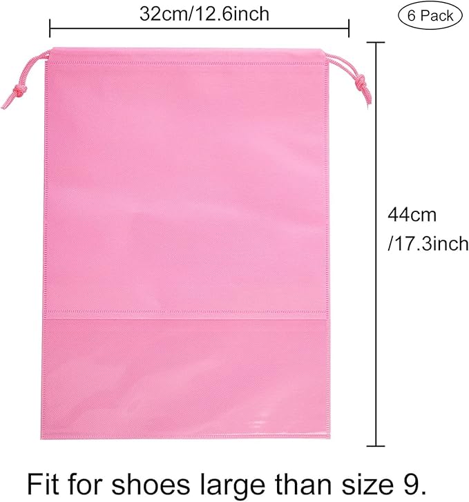 6 Pcs Travel Shoe Bags, ULIFEMALL Large Non-Woven Drawstring Shoes Storage Bag with Transparent Slot Clear Window Portable Waterproof Dustproof Shoes Pouch Packing Organizer for Men Women, Pink