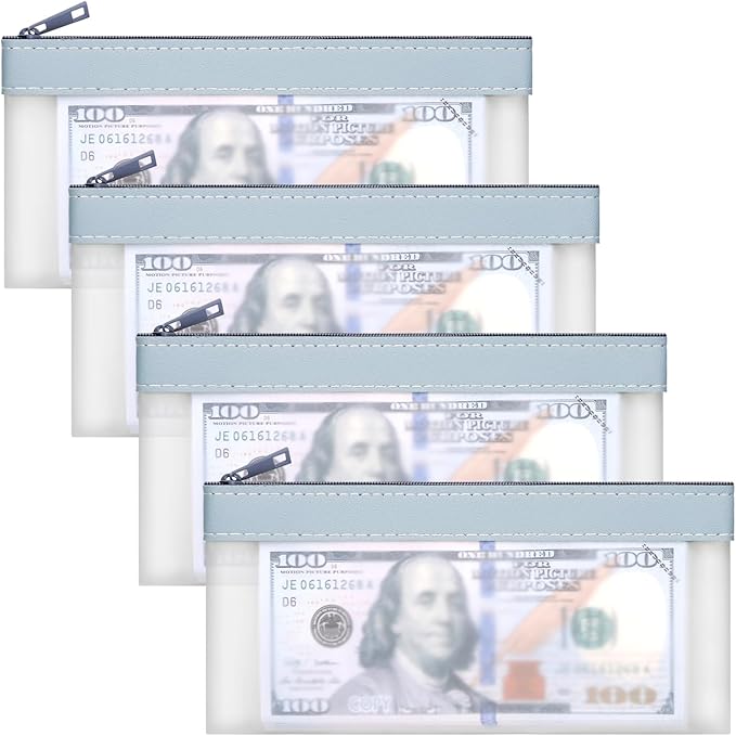 4-Piece Cash Envelopes With Zipper - 7.6 x 3.7 inch Clear Bank Deposit Bags, Multi-Purpose Check Wallet (Blue)