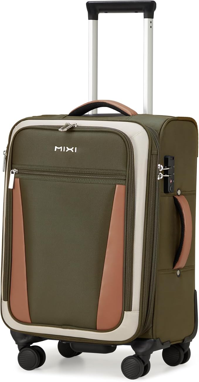 mixi Carry On Luggage 20 Inch Softside Expandable Suitcase with Front Pocket, 22x14x9 Airline Approved Rolling Lightweight Travel Suitcases with Wheels & TSA (Tea Brown-Off White)