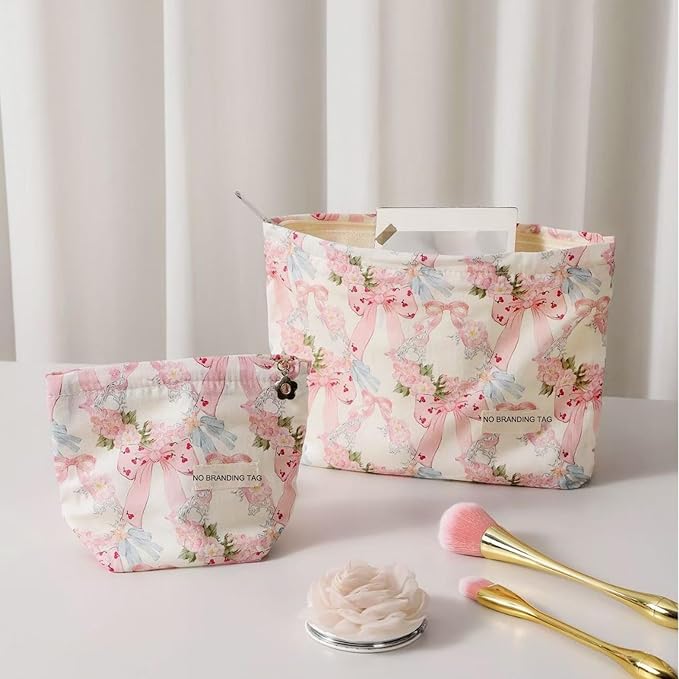 HAPPYHEIDI Makeup Bag Set 2, Cute Cosmetic Pouch, Pink Floral Bow Pattern, Cotton, Lightweight, 2 Count, Zipper Closure