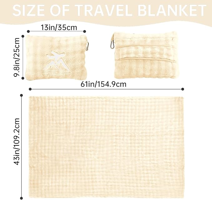 Travel Blanket and Pillow-2-in-1, Ultra-Soft&Compact, Airplane Blanket with Hand Luggage Belt and Backpack Clip,Travelers Accessories Gifts, 61x43 Inches（White）