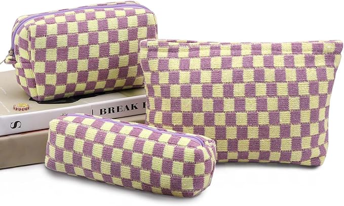 EIMMBD Makeup Bags 3 Pieces Large Capacity Checkered Cosmetic Bag Travel Toiletry Organizer Cute Makeup Pouch Storage for Women(Purple)