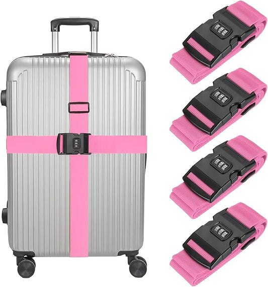 MECCANIXITY Luggage Straps with Combination Lock Adjustable Suitcase Belt Strap for Suitcase Briefcase Backpack Travel, Pink, Pack of 4