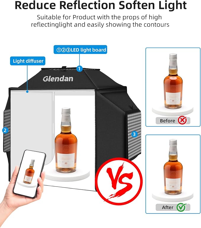 Glendan Portable Light Box Photography 16"x16" | Professional Dimmable Photo Box, High CRI 480 LED Lights, Soft Box, 4 Photo Backdrops for Jewelry and Product Photography