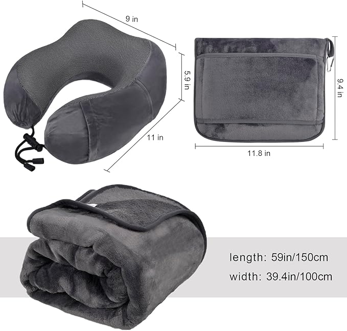 Nerien Travel Blanket and Pillow Set - Travel Neck Pillow & Blanket for Airplane, Thick Fleece Blankets Campact with Bag, Memory Foam Neck Pillows, Sleep Mask, Earplugs for Plane Traveling, Dark Grey