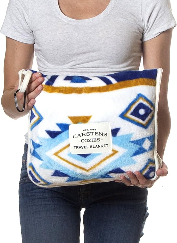 CARSTENS, INC. Travel Blanket, Premium Compact 2-in-1 Airplane Blanket/Pillow, Open Sky Blue Aztec