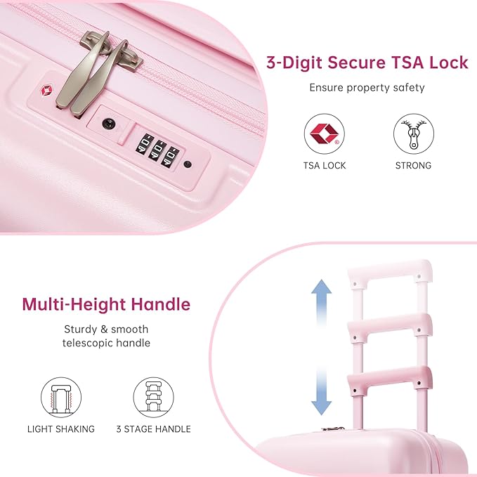 Luggage Sets 3 Piece, Carry On Luggage 22x14x9 Airline Approve PC Hardside Suitcase Set with Wheels TSA Lock, Durable Carry-On Suitcase with Duffel Bag for Women (Pink)