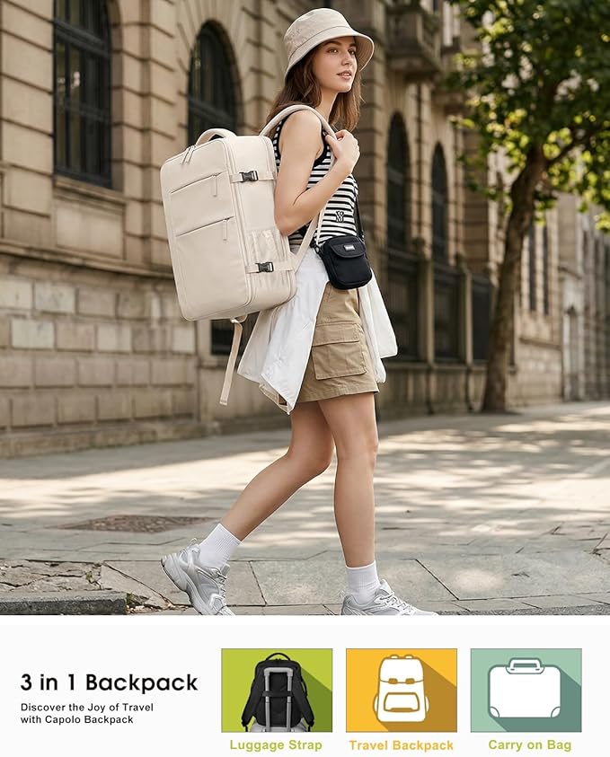 Capolo Travel Backpack for Women Men Waterproof Laptop Backpack Airlines Approved Carry On Backpack Bag Computer Bookbag for Business, Work, Traveling Fits 17 Inch Laptop(Beige)