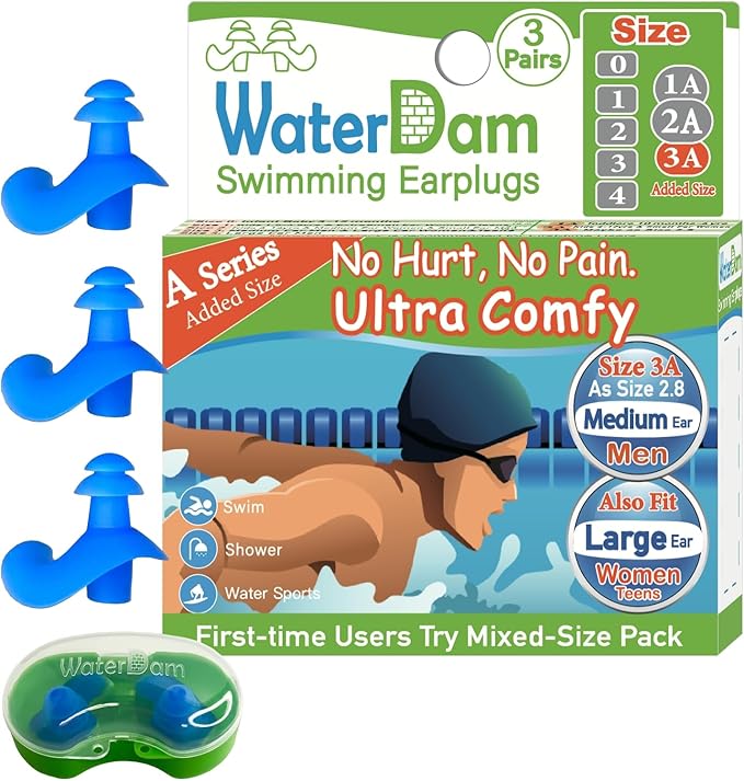 WaterDam A-Series Swimming Ear Plugs Ultra Comfy Great Waterproof Earplugs - Size 3A (Blue) Great for Narrow Ears Like Size 2.8 - Medium Ear Men & Large Ear Teens&Women