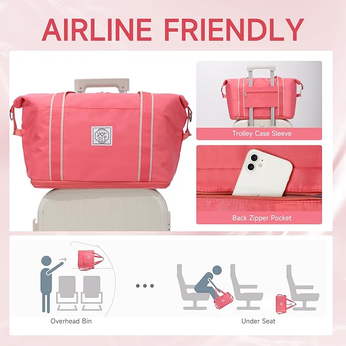 WALNEW Travel Duffel Bag, Weekender Overnight Carry On Bag for Women Men, Foldable Waterproof Gym Luggage Duffle Bag with Metal Buckle Detachable Shoulder Strap and Wet Compartment (living Coral)