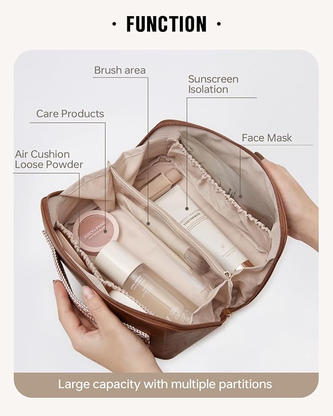EACHY Travel Makeup Bag, Large Capacity Cosmetic Bag for Women, Waterproof PU Leather, Flat Open Portable Toiletry Bag for Skincare, Brushes & Travel Essentials