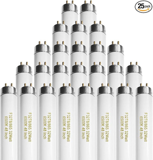 Konideke 25 Pack T8 Fluorescent Bulbs 4 Foot, F32T8/865 Fluorescent Light Bulb 48 Inch 32 Watt 6500K Daylight 2500 Lumens G13 Base