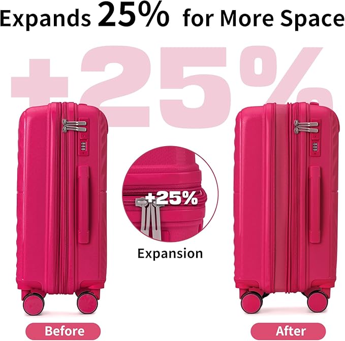 LARVENDER Luggage Sets, Suitcase Set 3 Piece Expandable Luggage PP Lightweight Large Suitcases with Wheels for Women (3 piece set,Rose Red)
