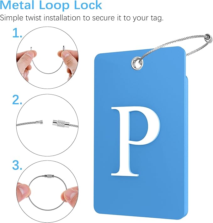 Gostwo 2 Pack Luggage Tags for Suitcases, 26 Initial Letter Travel Luggage Baggage Identification Labels ID Tag Fully Bendable Tags with Stainless Steel Loop (Blue) (Letter P)