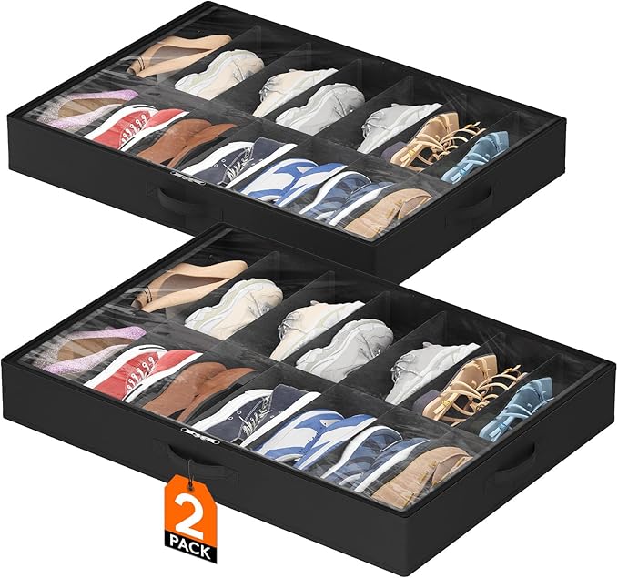 Lifewit Under Bed Shoe Storage Organizer 2 Pack(14 Pairs), 4.3" Tall Fabric Shoes Container Box, Foldable Closet Shoe Bag with 2 Reinforced Handles and Clear Cover, Black