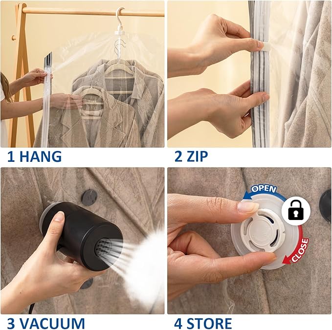 Hanging Vacuum Storage Bags, 4 Pack Hanging Storage Bags for Clothes With Electric Pump, Vacuum Sealed for Suits, Dress, Jackets (4 Long)