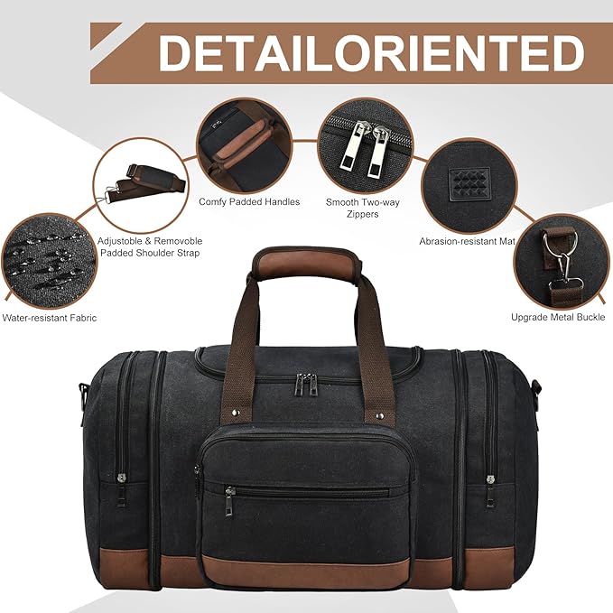 Litvyak Duffle Bag for Travel, 50L Canvas Travel Duffel Bags Overnight Weekend Gym Carry On Luggage Bag for Men & Women(Black+Toiletry Bag)