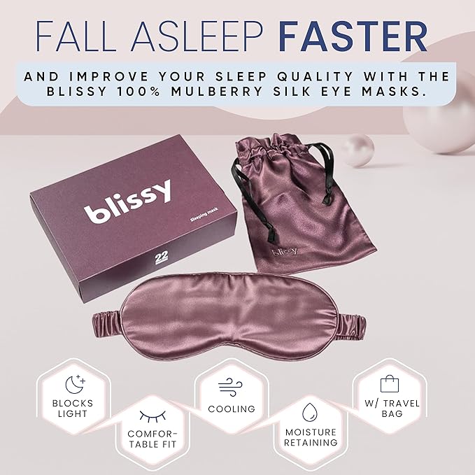 Blissy Silk Sleep Mask - Eye Sleeping Mask for Women & Men for Total Blackout - 100% Pure Mulberry Silk, 22 Momme 6a Fibers - Blindfold Sleep Mask Side Sleeper Eye Cover (Plum)