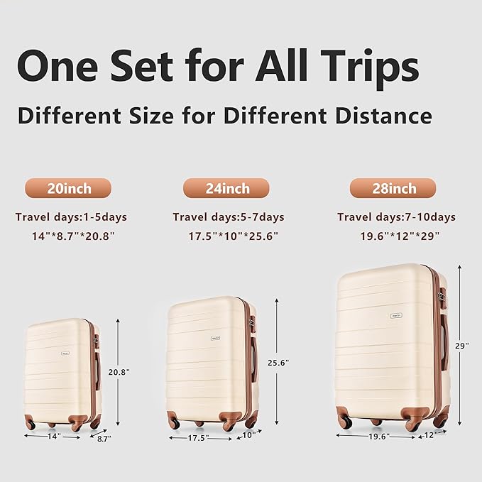 Luggage Set 3 Pcs, ABS Durable Lightweight, 360°Silent Spinner Wheels, TSA Lock