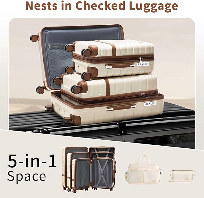 Luggage Sets 3 Piece with TSA Lock Hardside PC+ABS Carry On Suitcase with Spinner Wheels Lightweight Rolling Travel Luggage Sets with YKK Zippers (Beige)