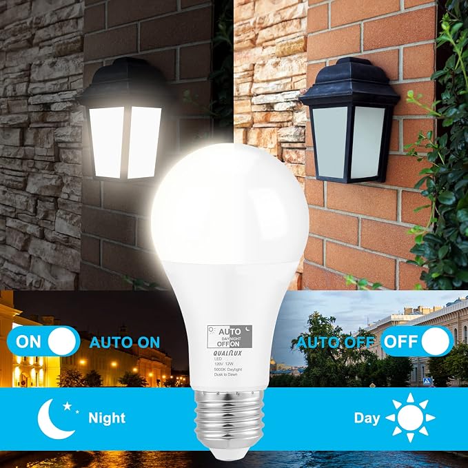 Qualilux Dusk to Dawn Light Bulbs, Auto On/Off Light Sensing LED Bulbs Outdoor, Daylight, A19 2-Pack, 12W 1000LM 75W Equivalent, HQ-H023