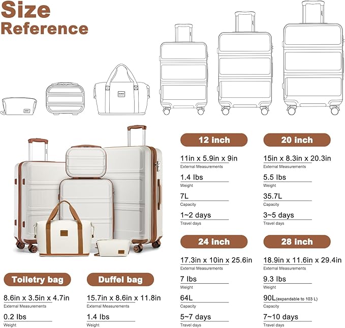 Kono Suitcase Set 3 Piece Luggage Set Expandable(only 28") PC+ABS Carry On Hardside Luggage with TSA Lock Spinner Wheels (Cream White, 6 piece set)